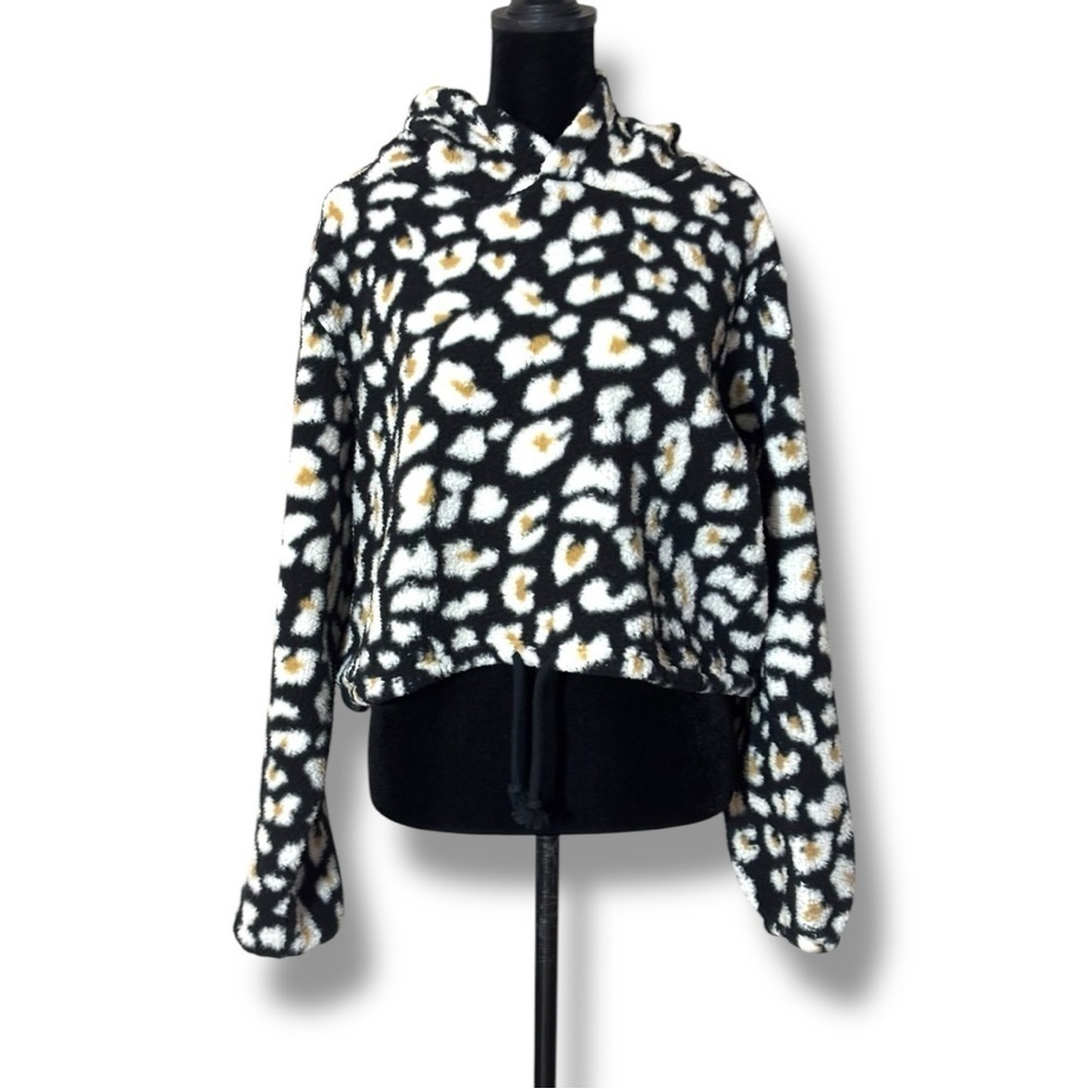 Wild Fable Black With Tan/White Animal Print Cropped Fleece Hooded Sweatshirt - Picture 4 of 16